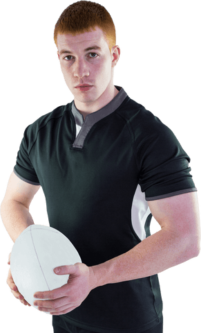 Serious Rugby Player Holding Ball on White Background