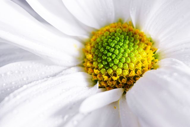 This close-up view of a dew-kissed white daisy features intricate details of its vibrant yellow and green center along with delicate white petals. Ideal for use in nature-themed websites, gardening blogs, floral shop advertisements, spring or summer-themed designs, and unique home or office decor.