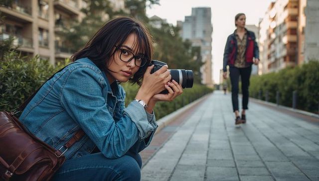 Young photographer capturing urban streets with camera