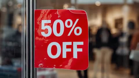 Red 50% OFF Sign Swaying on Storefront Window While Blurred Shoppers Browse