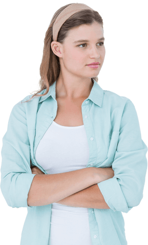 Confident Young Woman in Mint Green Shirt Looking Away Transparent Background