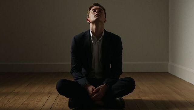 Executive sitting tilting head back in dim room with dramatic floor shadows