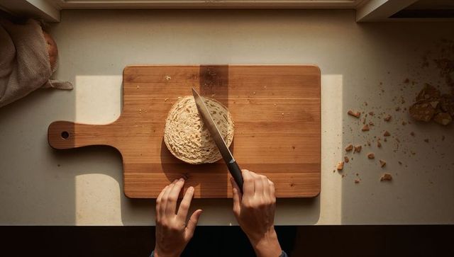 Top-down sunlit hands slicing rustic round bread on wooden cutting board with crumbs