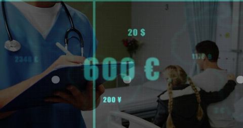 Medic noting clipboard at bedside with healthcare finance hud overlay and currency icons