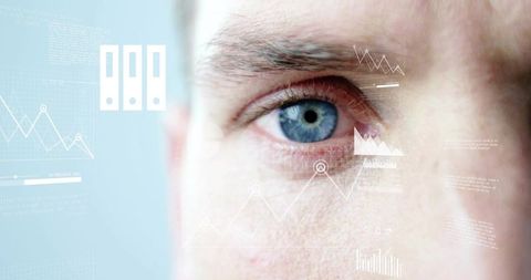 Close-up Blue Eye with Futuristic Data Visualization Overlay for Biometric Analytics