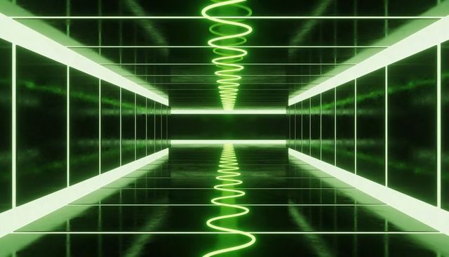 Futuristic neon corridor featuring spiral light, reflective panels and perfect symmetry