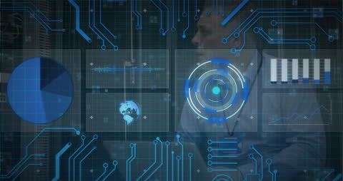 IT Technician Overlaid with Futuristic Data Interface