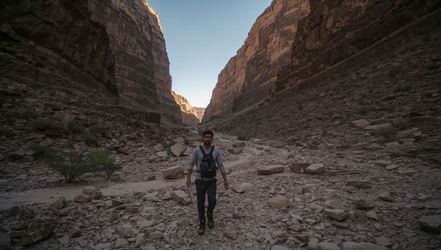 Solo hiker traversing sunlit sandstone canyon riverbed with chest camera
