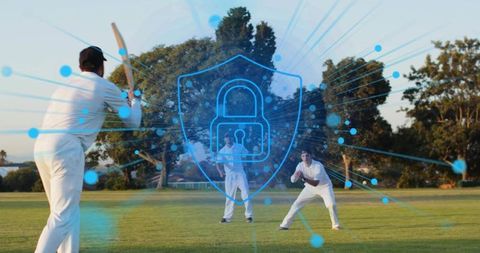 Cricket batter batting on local field with cybersecurity padlock overlay concept