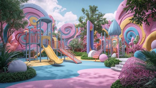 Pastel fantasy playground with modular slides and whimsical sculptural murals for kids
