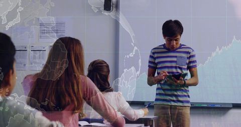 Student presenting with tablet in globalized classroom