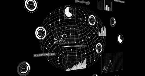 Global financial data visualization on black background