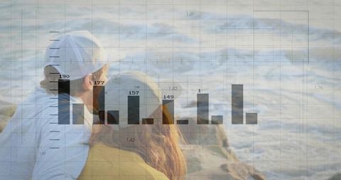 Couple Relaxing on Beach with Data Visualization Overlay