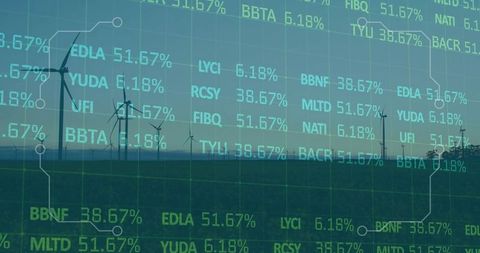 Wind Turbines with Financial Data Overlay Showcasing Eco-Innovation