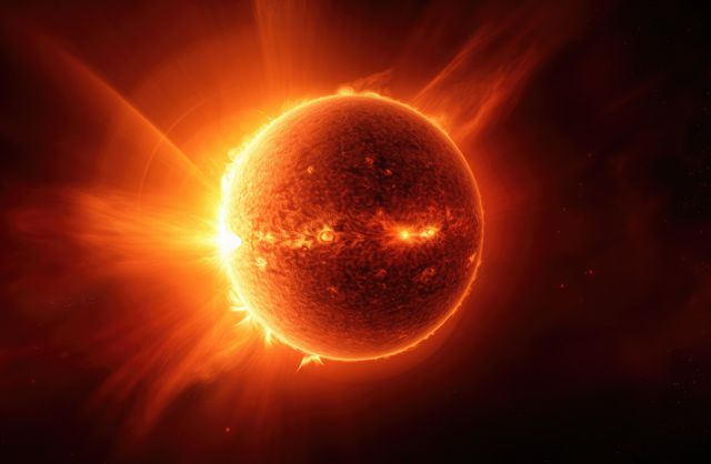 Picture depicts a close-up view of the sun with intense solar flares and coronal mass ejections emanating from it. It is ideal for educational content on astronomy and space science, illustrating solar phenomena, or used in designs emphasizing energy and heat.