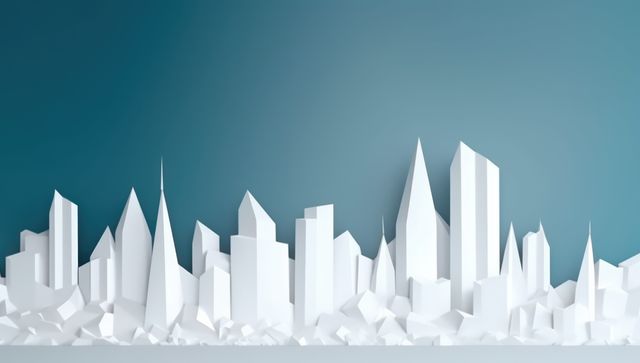 Illustration of an abstract white geometric city skyline against a gradient background, ideal for use in modern design concepts, architectural presentations, city-themed posters, and urban development materials. Features a clean and minimalistic aesthetic suitable for projects involving real estate, urban planning, and graphic design.