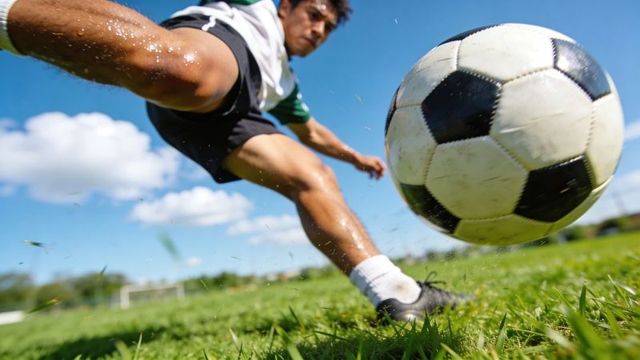 Player kicking soccer ball toward camera on sunny grass field, dynamic motion close-up