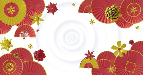 Abstract oriental floral fan design with red gold elements