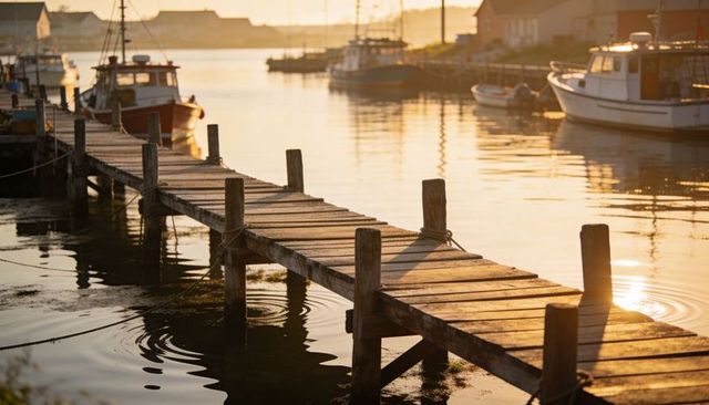 Weathered wooden pier stretching into calm harbor at golden hour with moored fishing boats