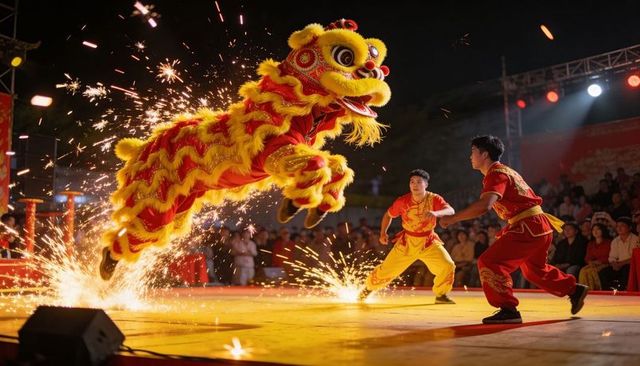 Dramatic yellow-red lion dance leaping through sparks during lunar new year celebration