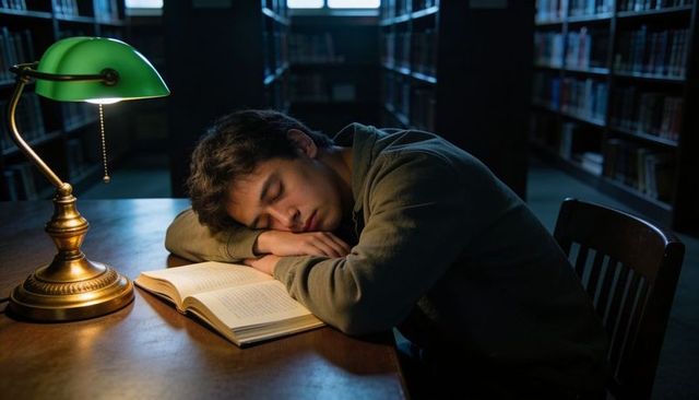 Tired student sleeping over open book in library at night with green banker lamp