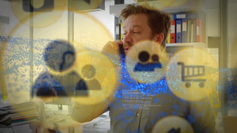 Caucasian Businessman Using Phone with Digital Network Overlay