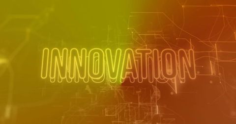 Neon INNOVATION Lettering with Futuristic Circuit Network Glow and Gradient Wireframe Design
