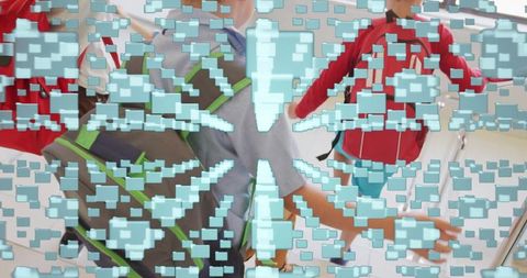 Children with backpacks walking to school with digital overlay