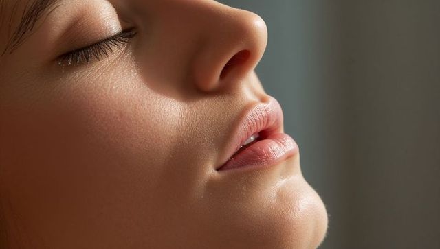 Serene woman resting with closed eyes showcasing natural skin texture and soft lips