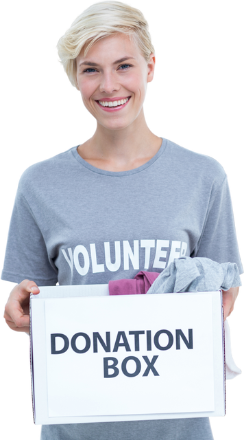 Happy Caucasian Female Volunteer Holds Donation Box Transparent Background - Download Free Stock Videos Pikwizard.com