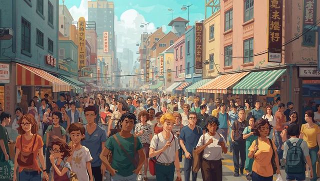 Diverse crowd walking through bustling urban market street with striped awnings and city skyline
