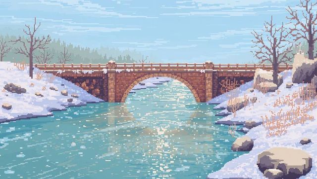 Snowy stone arch bridge over turquoise river pixel art winter landscape with reflection