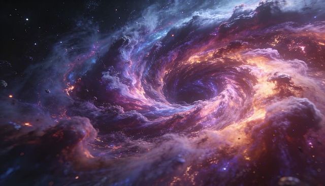 Swirling luminous nebula vortex rotating in cosmic spiral with glowing filaments and debris