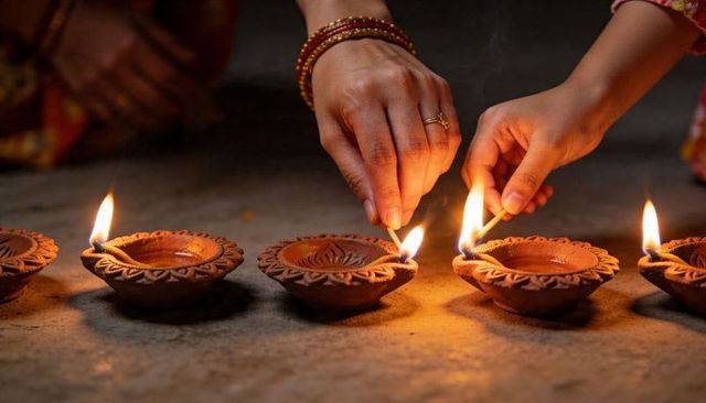 Hands lighting clay diyas during diwali celebration producing warm ritual glow