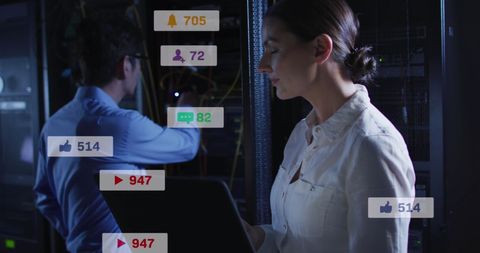 Engineers Analyze Data Server with Social Media Graphics Overlay