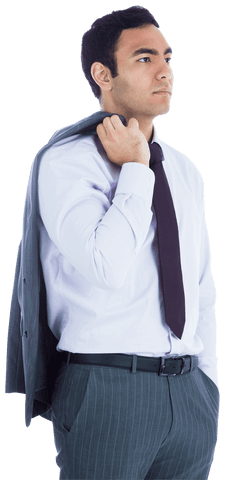 Confident Asian Businessman Holding Suit Jacket on Transparent Background