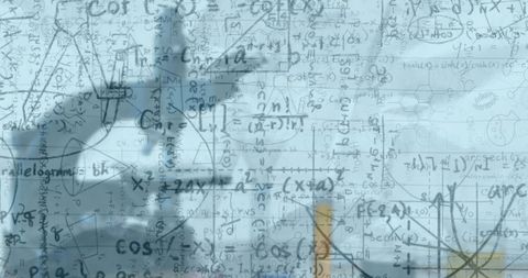 Complex math equations overlaying science lab setting