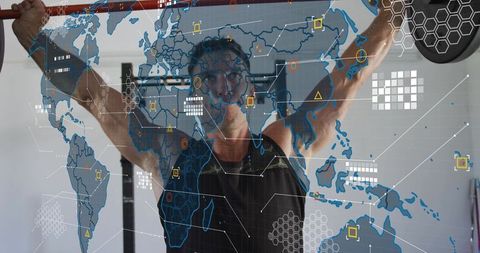Athlete pressing olympic barbell overhead in garage gym with futuristic global hud overlay