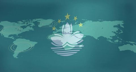 Macau emblem overlaying world map with lotus, five stars and radar rings for global trade