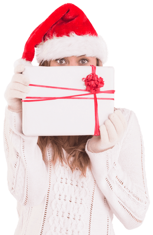 Woman Holding Christmas Gift with Santa Hat on Transparent Background