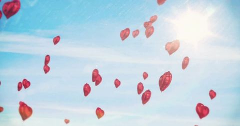 Red heart balloons soaring in bright blue sky