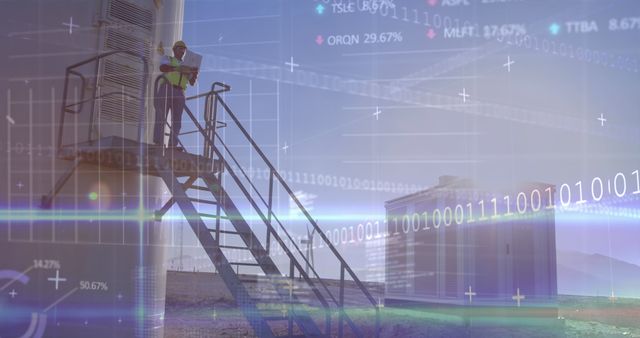 Image of financial data processing with binary coding over caucasian engineer and wind turbine. global environment, sustainability, data processing and business concept digitally generated image.