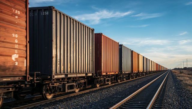 Rolling intermodal freight train carrying shipping containers along rural double track