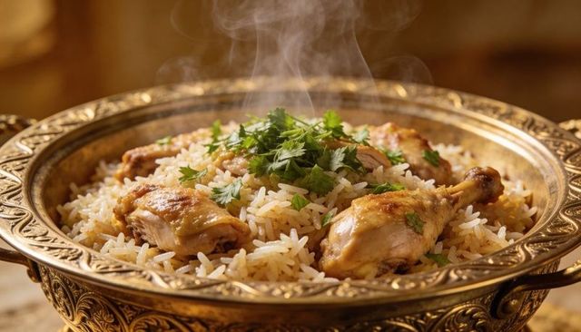 Ornate brass bowl of steaming basmati rice with roast chicken and fresh cilantro