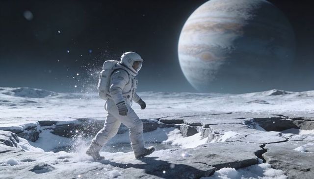 Astronaut walking across cracked icy plain with life-support pack, gas planet looming