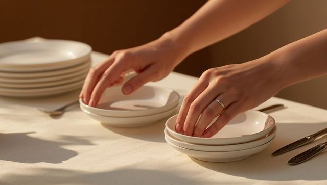 Hands arranging white ceramic bowls on sunlit tablecloth minimalist dining tableware