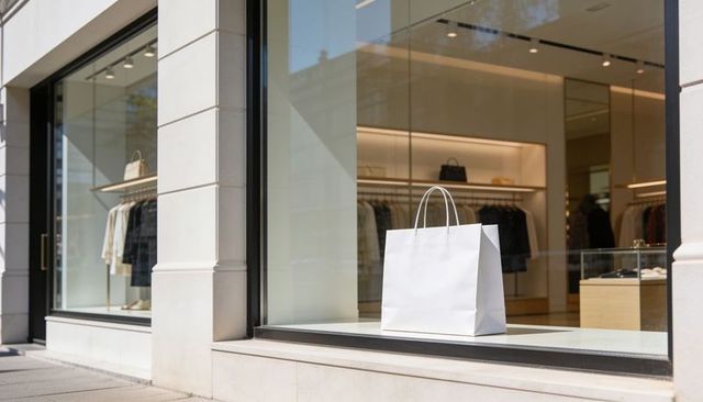 White luxury shopping bag on boutique window ledge with minimalist store interior