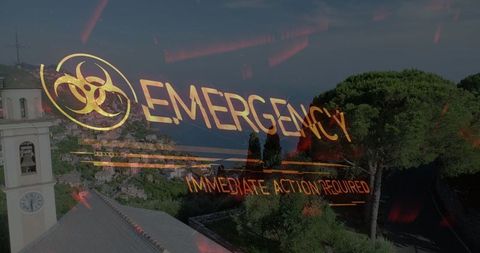 Biohazard Warning Over Scenic Cityscape at Dusk