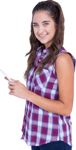 Smiling Young Woman in Plaid Shirt Using Tablet on Transparent Background