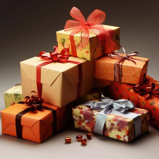 Colorful gift boxes stacked with ribbon bows in warm lighting create a festive atmosphere. Useful for holiday celebrations, birthday parties, or corporate events. Perfect for invitations, advertisements, or blog posts about special occasions and gift ideas.